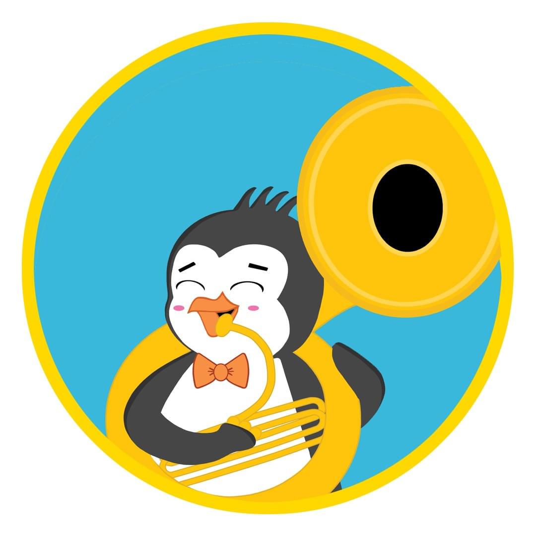 Pete E. Penguin smiling while playing his Tuba in Harmony Ridge