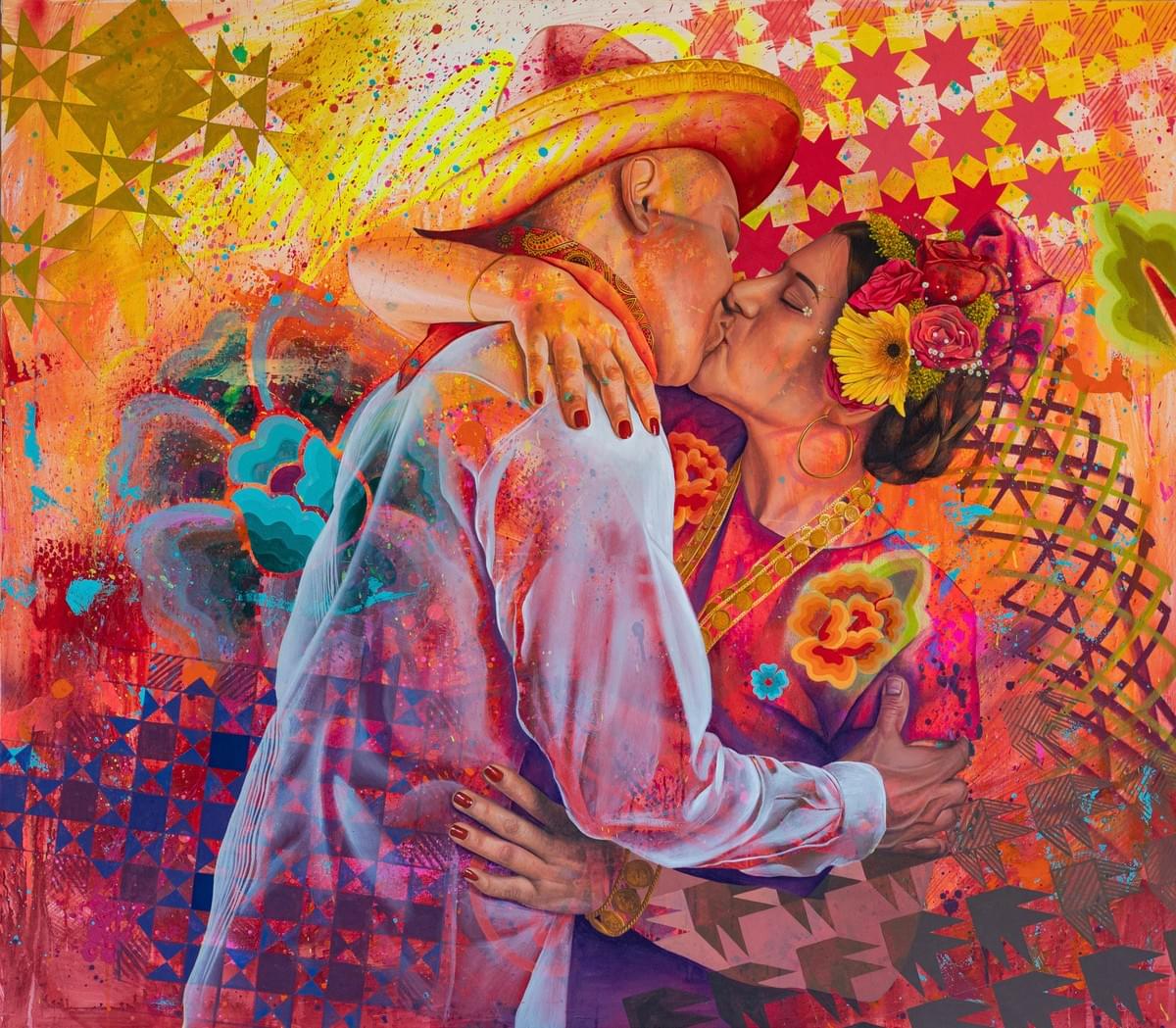 Couple embracing in vibrant cultural painting with traditional clothing and patterns by Irving Cano
