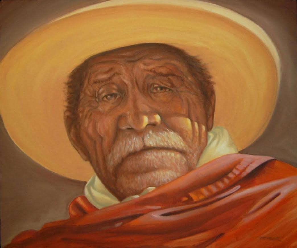 Portrait painting by Roger Triviños depicting an elderly man wearing a wide-brimmed hat and traditional clothing, reflecting the character, wisdom, and cultural heritage of Peru.