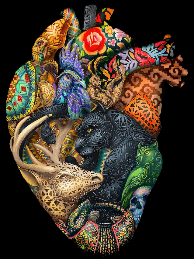 Intricate anatomical heart artwork by Yuma Diaz featuring a black jaguar, deer, owl, floral patterns, and Indigenous inspired symbols celebrating Mexican culture and nature