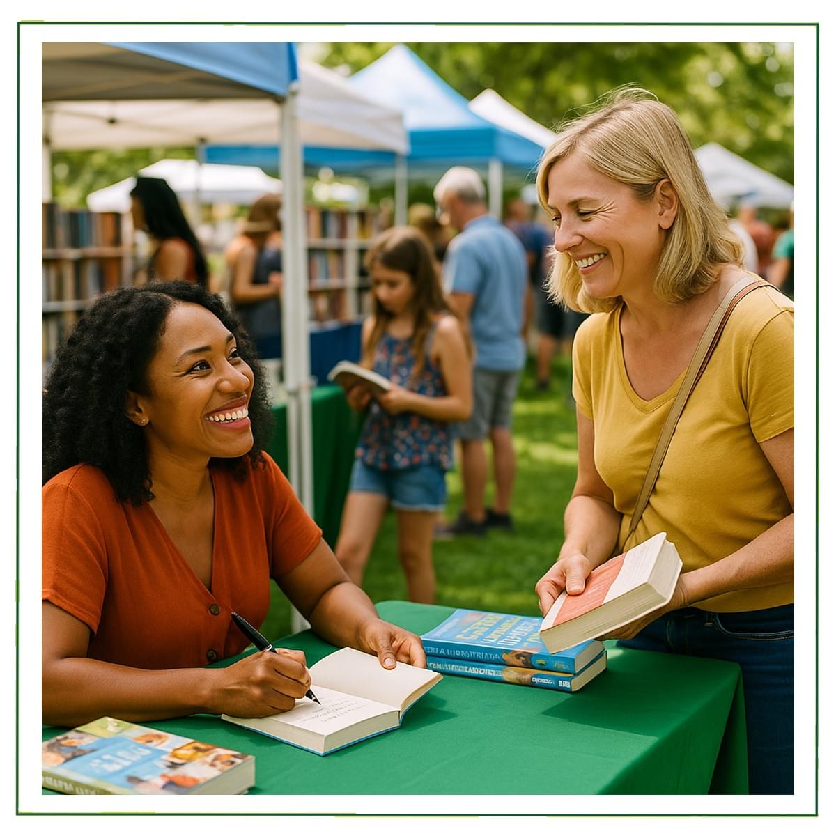 Author signing books at an outdoor festival booth with smiling readers.