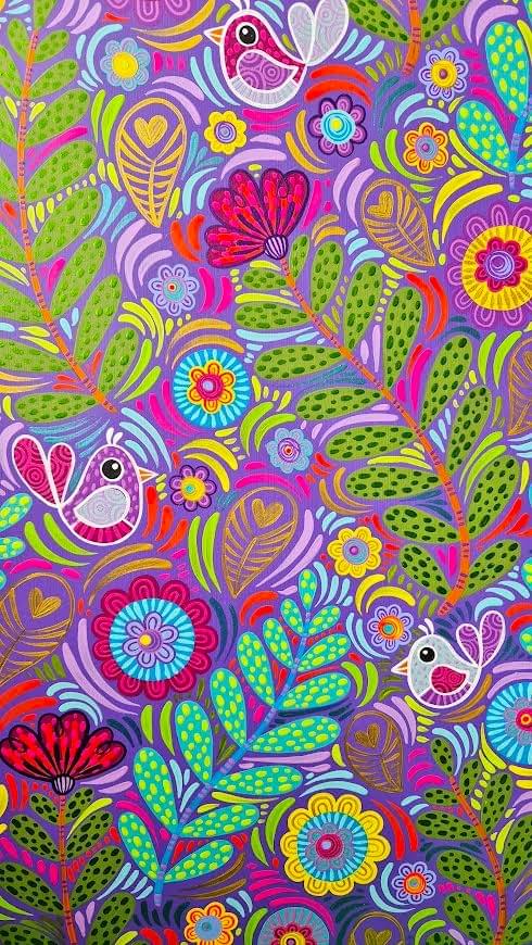 Colorful botanical artwork by AMMO featuring whimsical birds, blooming flowers, patterned leaves, and organic nature inspired shapes woven together in a vibrant, detailed composition.