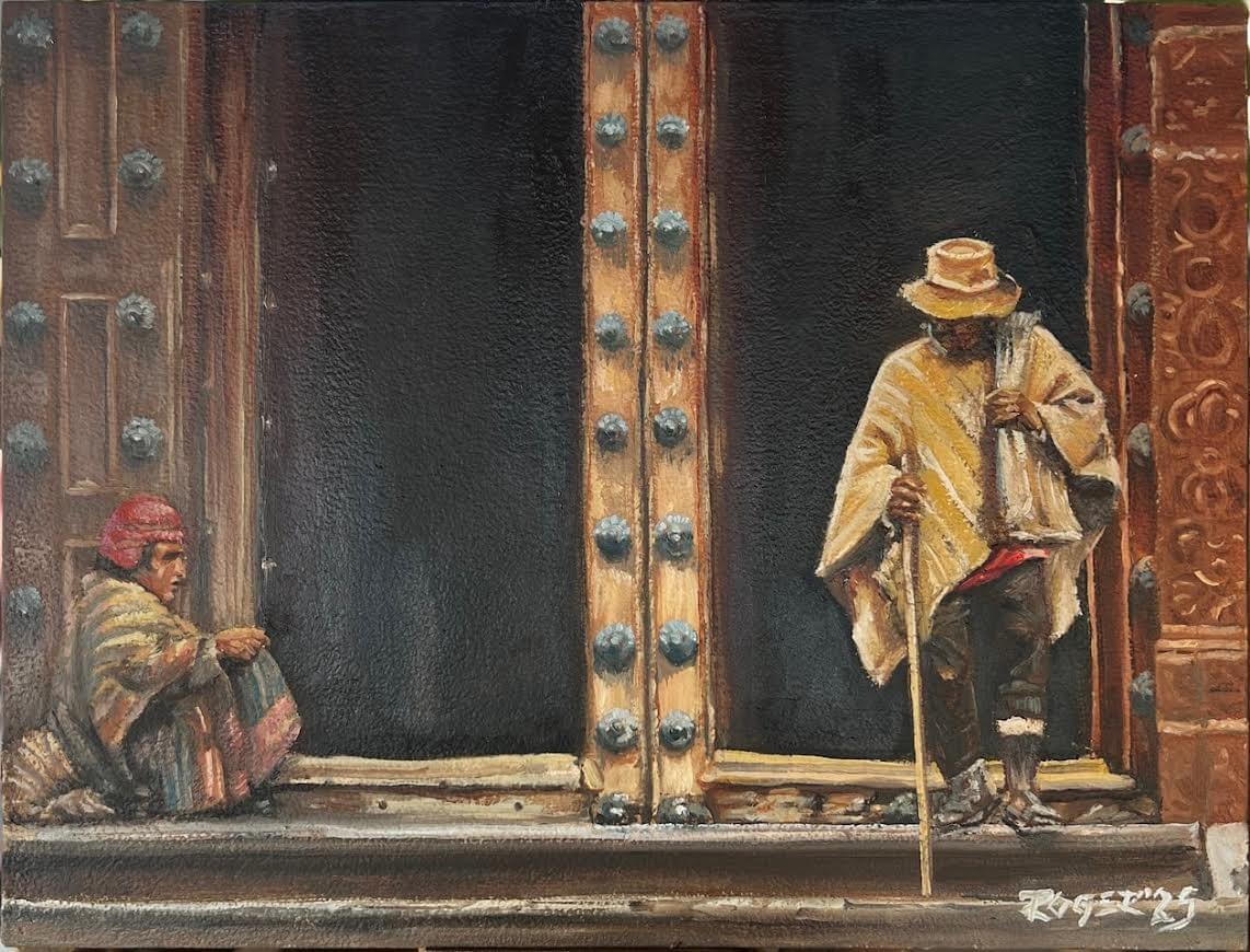 Painting by Roger Triviños depicting two figures in traditional Peruvian clothing outside a historic doorway, capturing everyday life, cultural identity, and the quiet rhythms of community.
