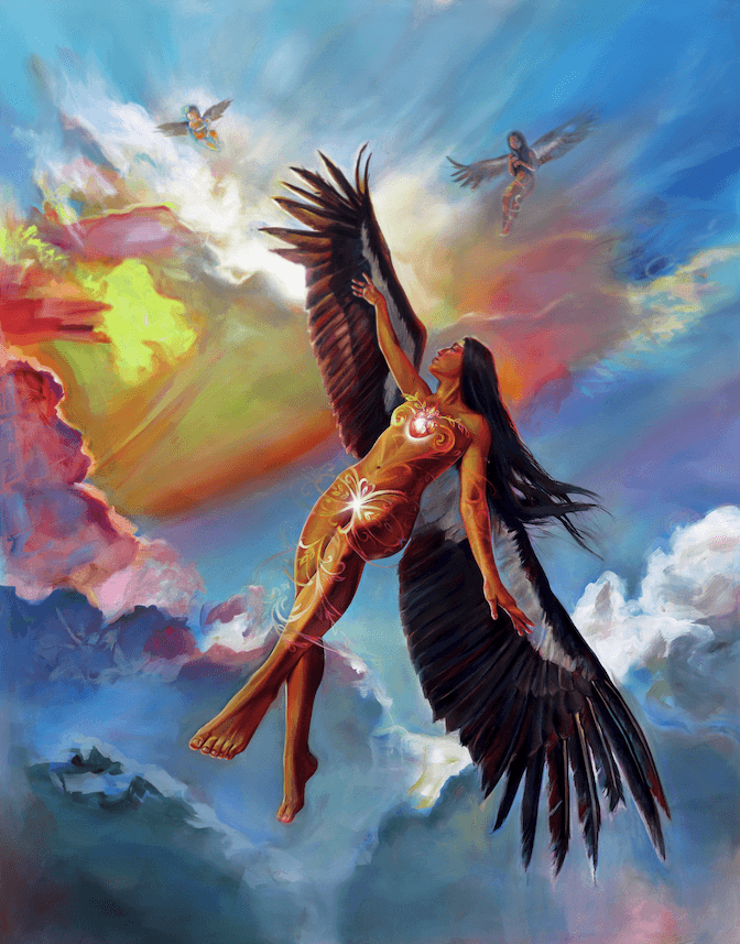 Winged female figure rising into a colorful sky in surreal spiritual painting by Art by Ayala