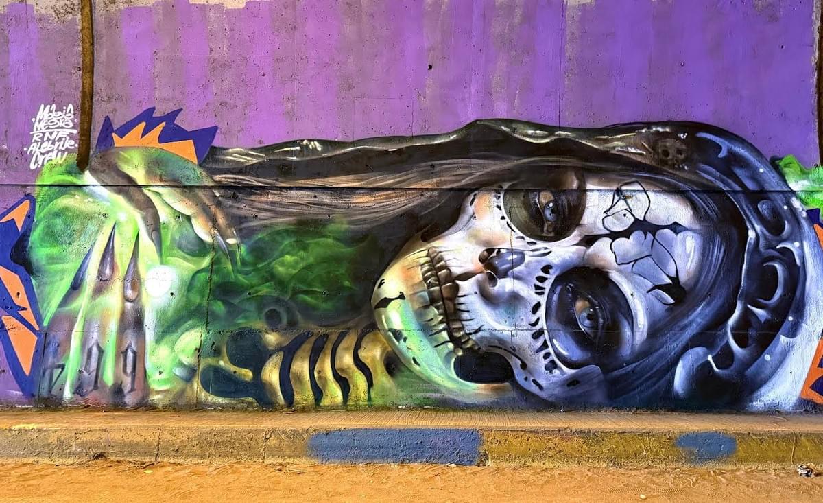 Large street mural by Mexican artist Magia Negra featuring a reclining La Catrina figure with skull face makeup, flowing dark hair, glowing green tones, and surreal Día de los Muertos inspired imagery painted on a purple concrete wall in Mexico.