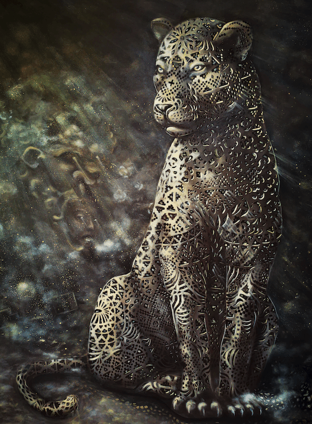 Mystical jaguar artwork by Yuma Diaz featuring intricate Indigenous inspired patterns and cosmic textures symbolizing spirituality, strength, and ancestral connection