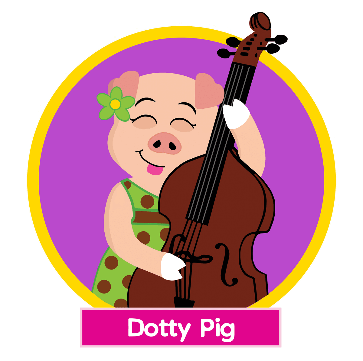 Dotty Pig playing upright bass from the Tubba and Friends children's story world by Michael Ivery