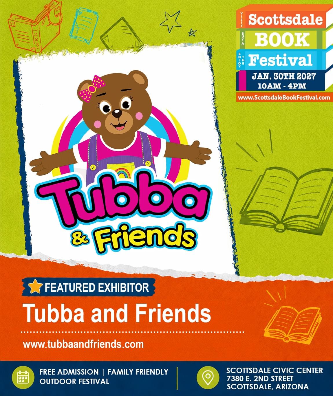 Tubba and Friends, featured children's book exhibitor appearing at Scottsdale Book Festival 2027 in Scottsdale, Arizona.