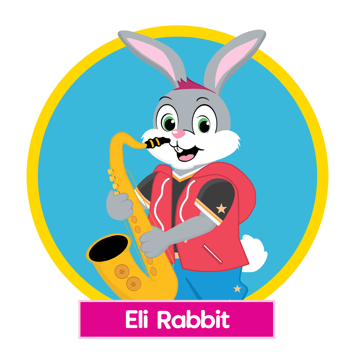 Eli Rabbit playing saxophone from the Tubba and Friends children's story world by Michael Ivery