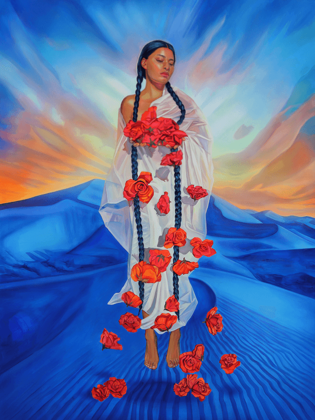 Surreal portrait of woman with braided hair and red roses standing in a desert landscape by Art by Ayala
