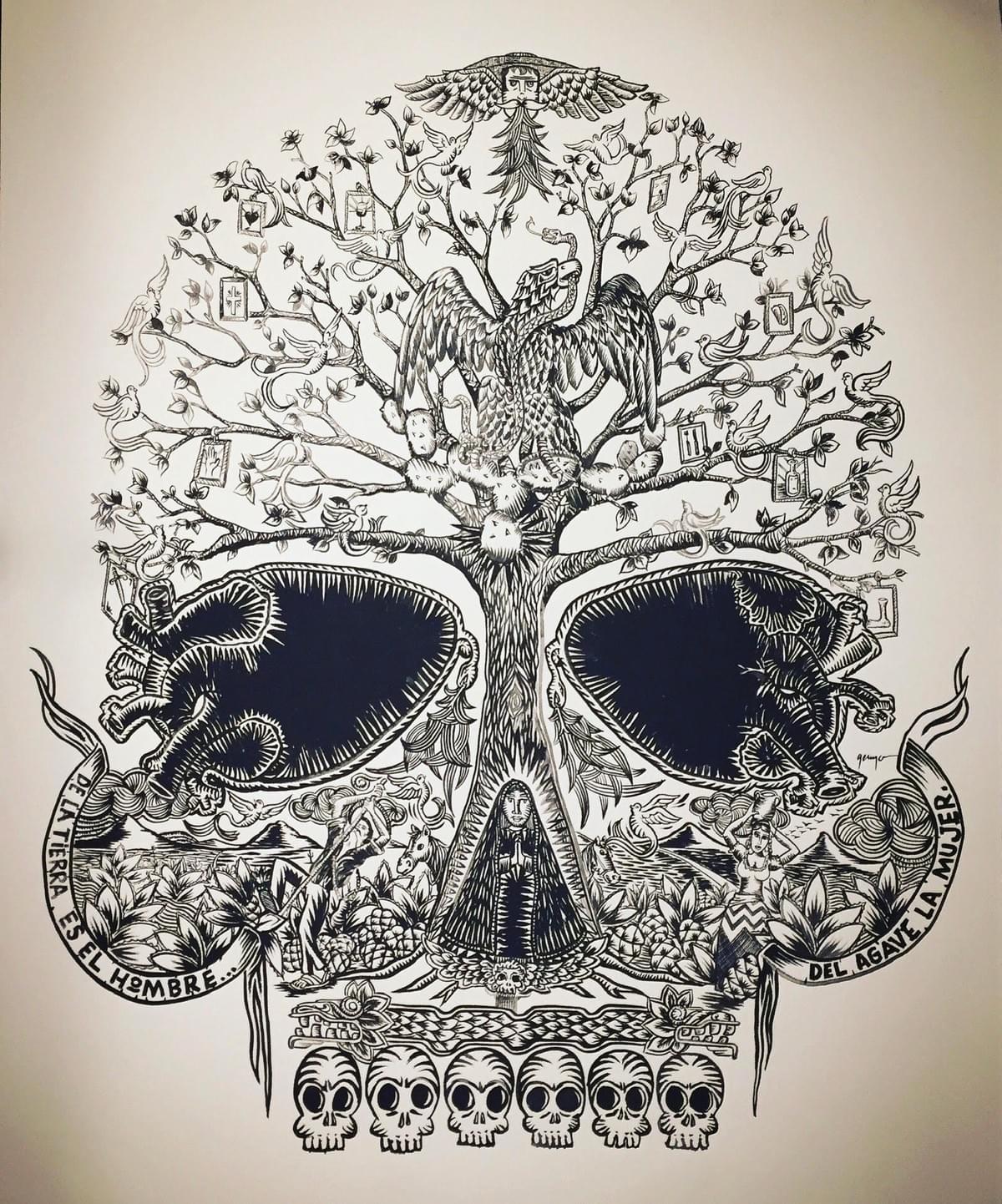 Black and white symbolic artwork by Gennaro Garcia featuring an agave tree, skulls, birds, sacred imagery, and cultural symbolism inspired by Mexican heritage and tradition