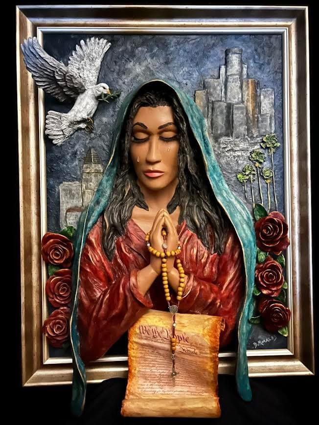 High relief sculpture of praying woman with rosary and dove by Latino artist David Morales