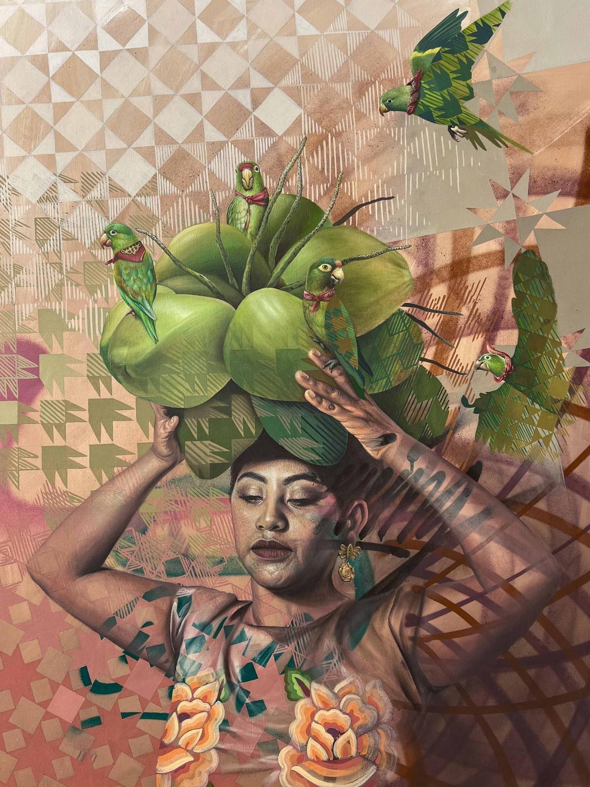 Woman carrying green parrots on her head in colorful figurative painting by Irving Cano