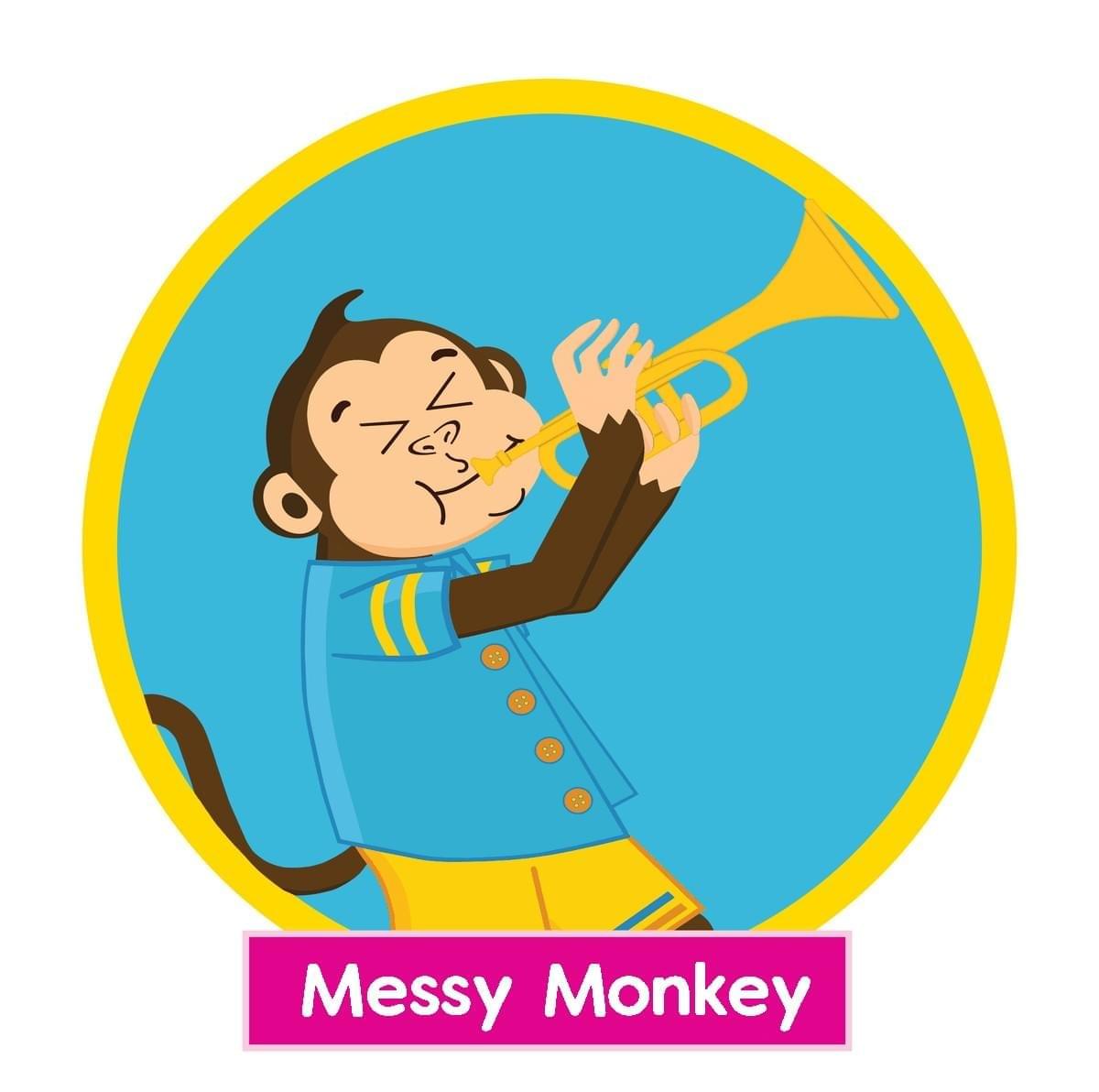 Messy Monkey playing trumpet from the Tubba and Friends children's story world by Michael Ivery
