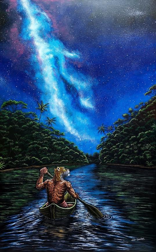 Jaguar spirit paddling a canoe along an Amazon river beneath the Milky Way, painting by César Chujutalli.