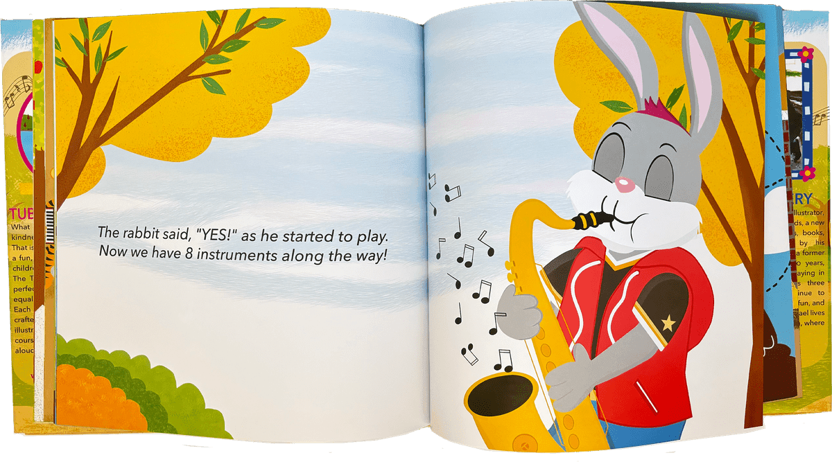 Eli Rabbit playing the saxophone in the harmony ridge forest in a storybook spread from Tubba and Friends: The Big Music Jamboree!