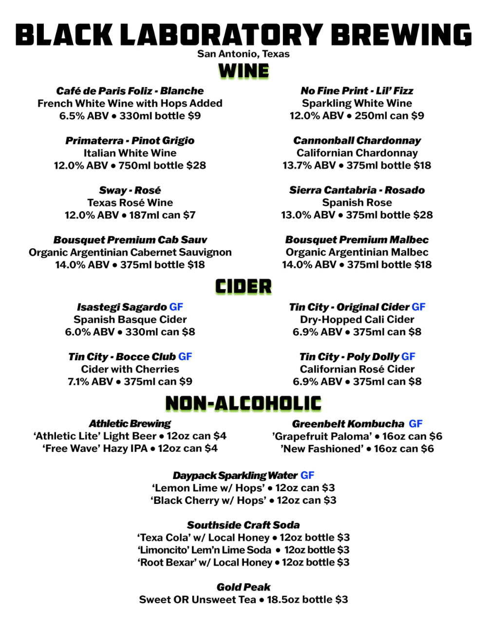 Taproom Menus Black Laboratory Brewing