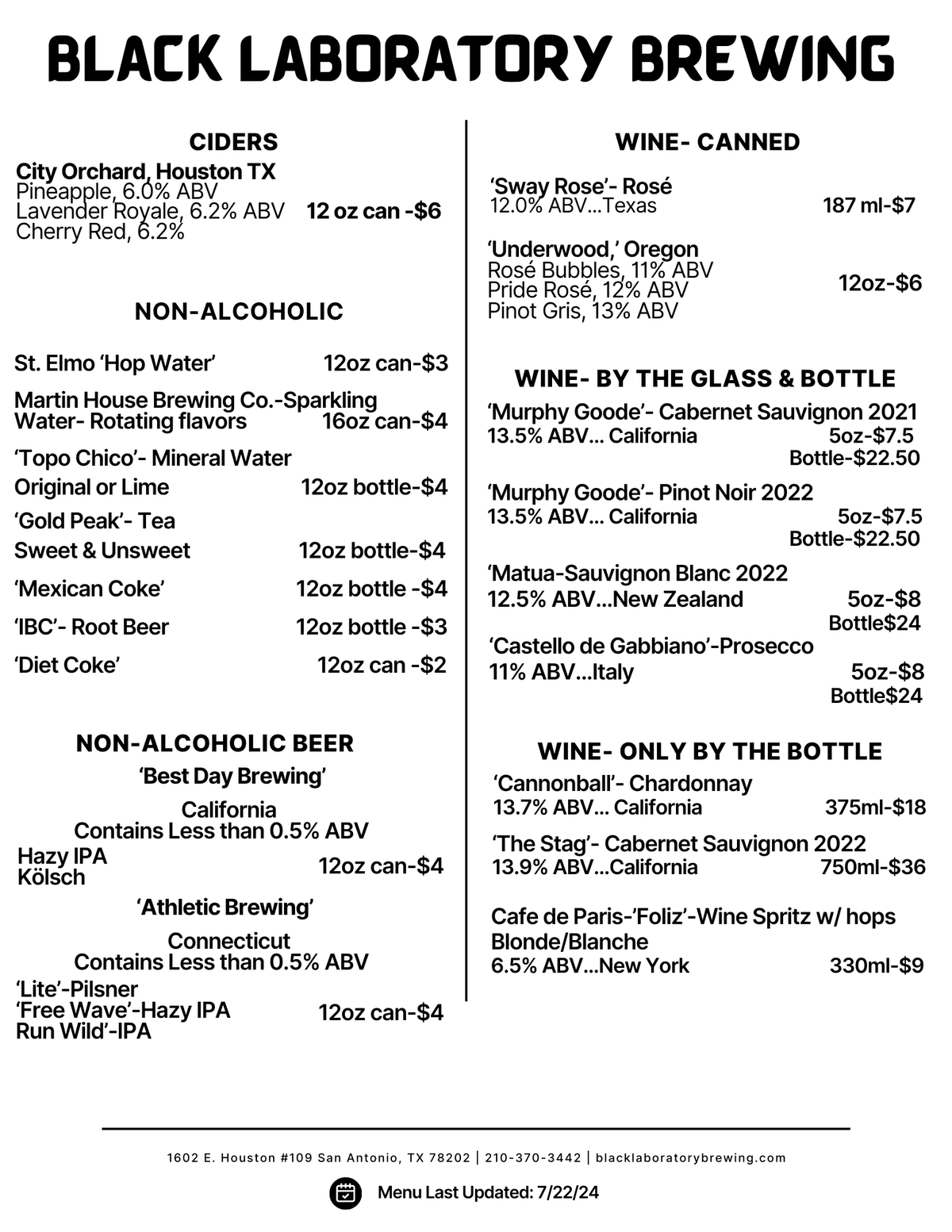 Taproom Menus Black Laboratory Brewing
