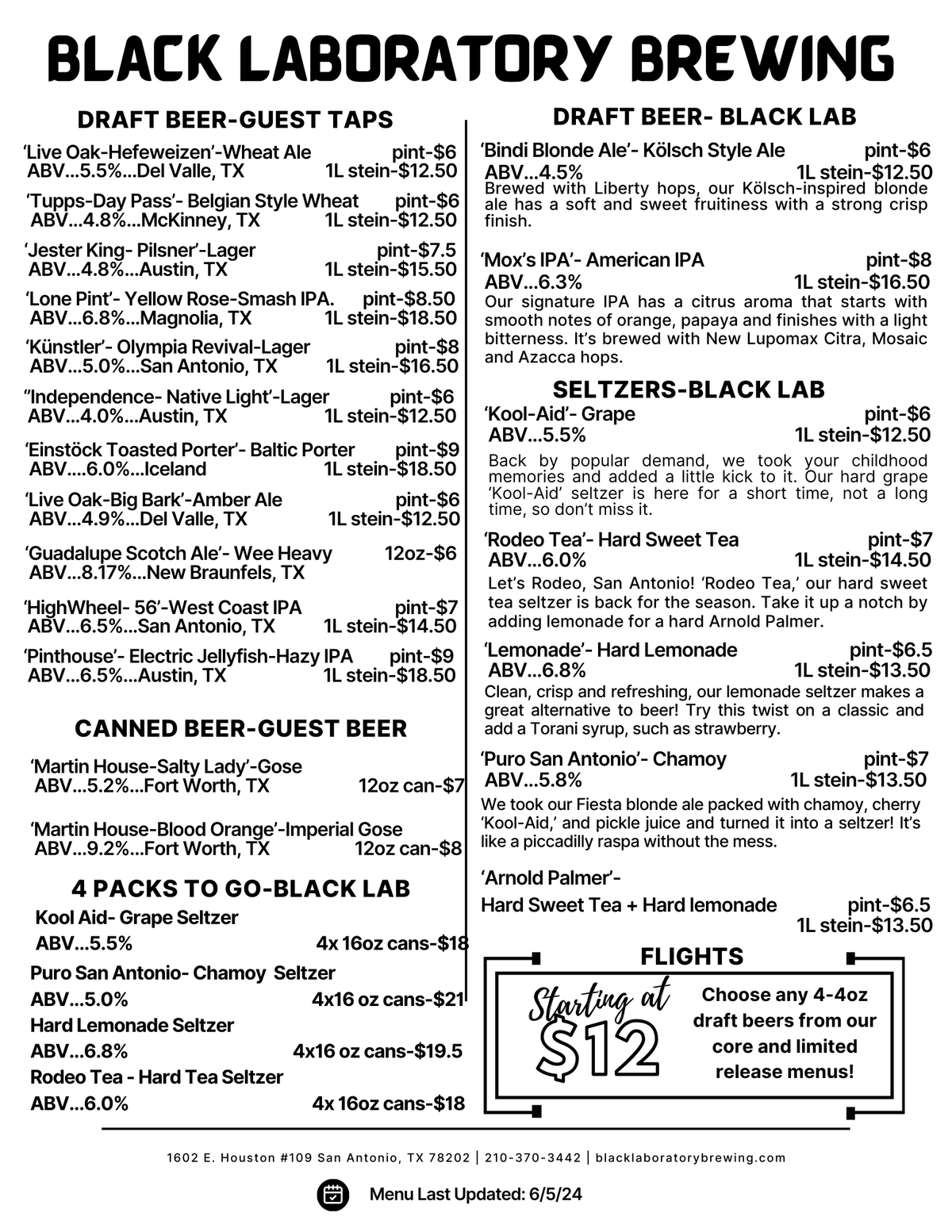 Taproom Menus Black Laboratory Brewing