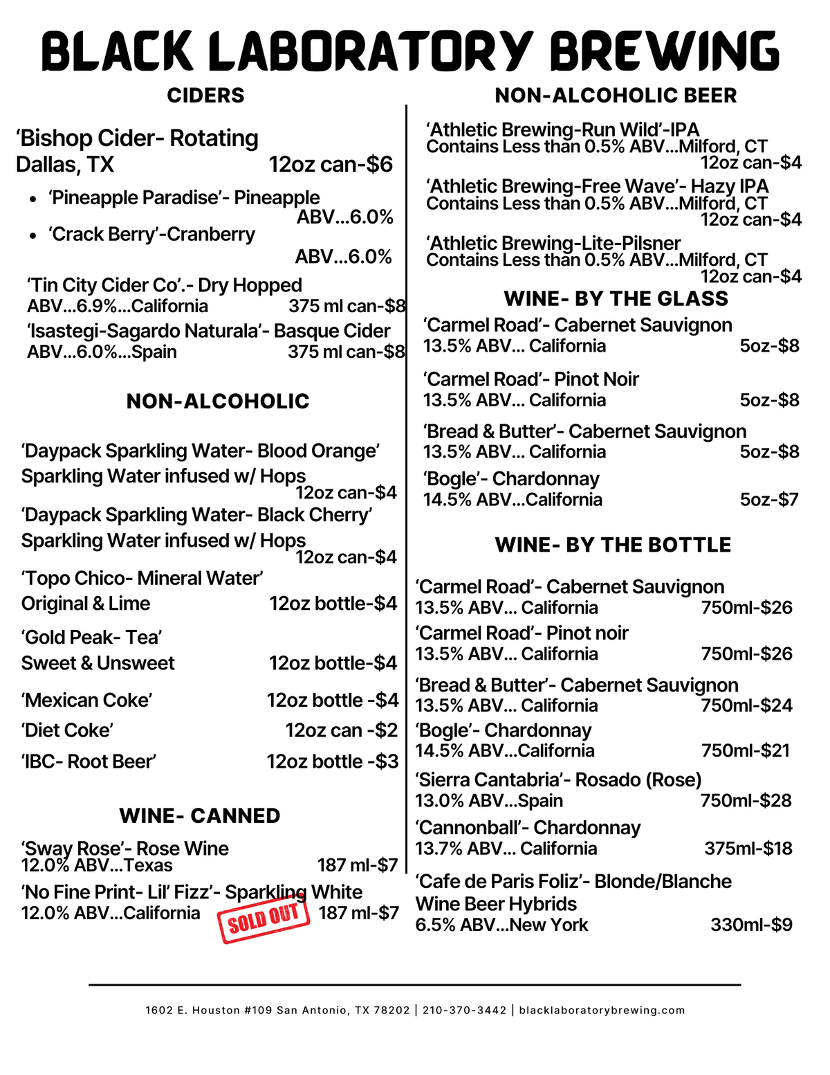 Taproom Menus Black Laboratory Brewing