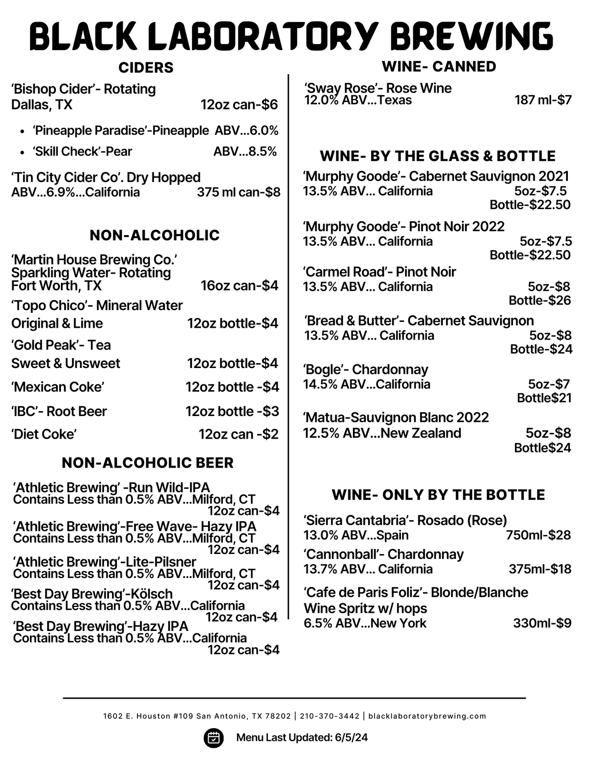 Taproom Menus Black Laboratory Brewing