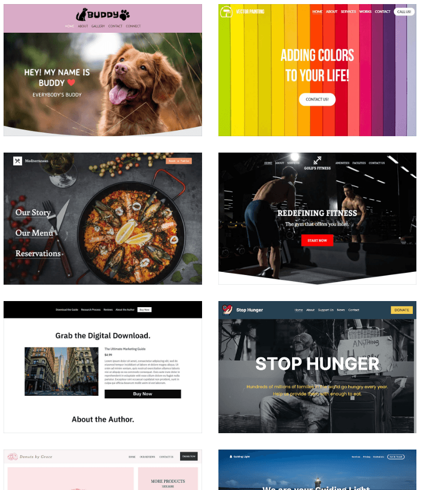 Strikingly template selection page showing organized website starting points