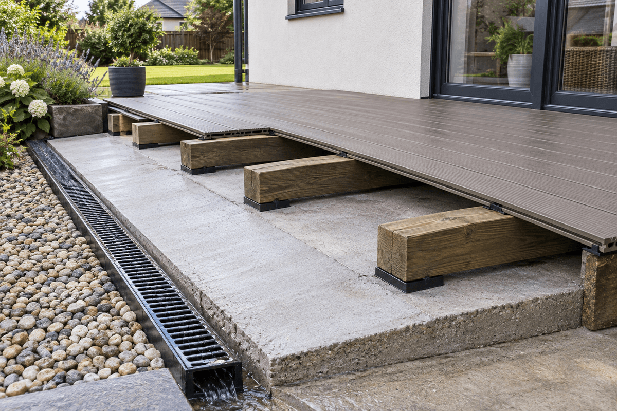 Composite decking installed over a concrete patio sleeper system