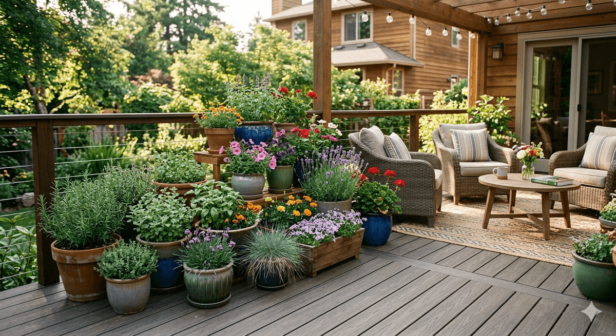 Stylish deck garden with grouped containers, herbs, flowers, and seating on a composite deck