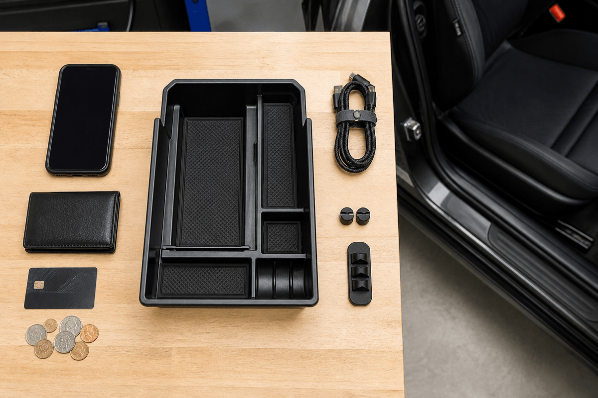Center console organizer tray flat lay with compartments