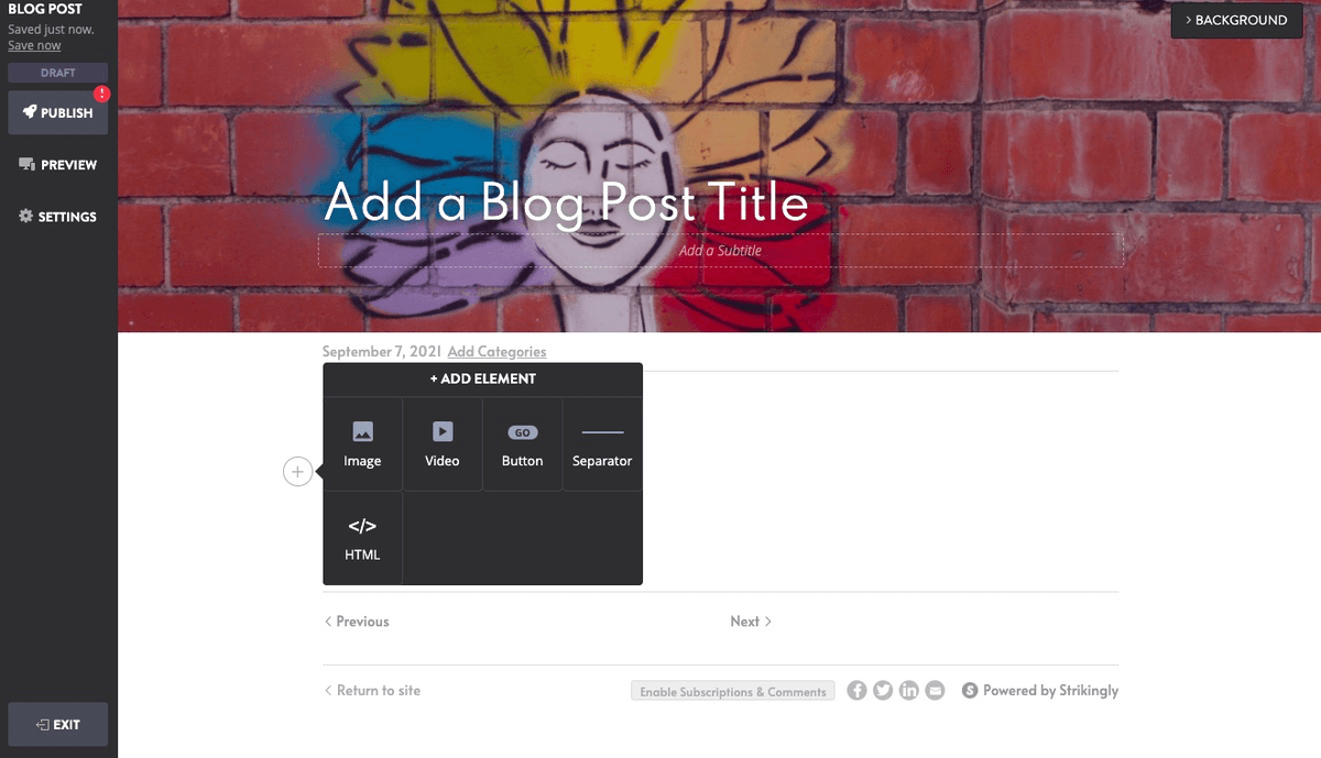 Strikingly editor for drafting and formatting a business blog post