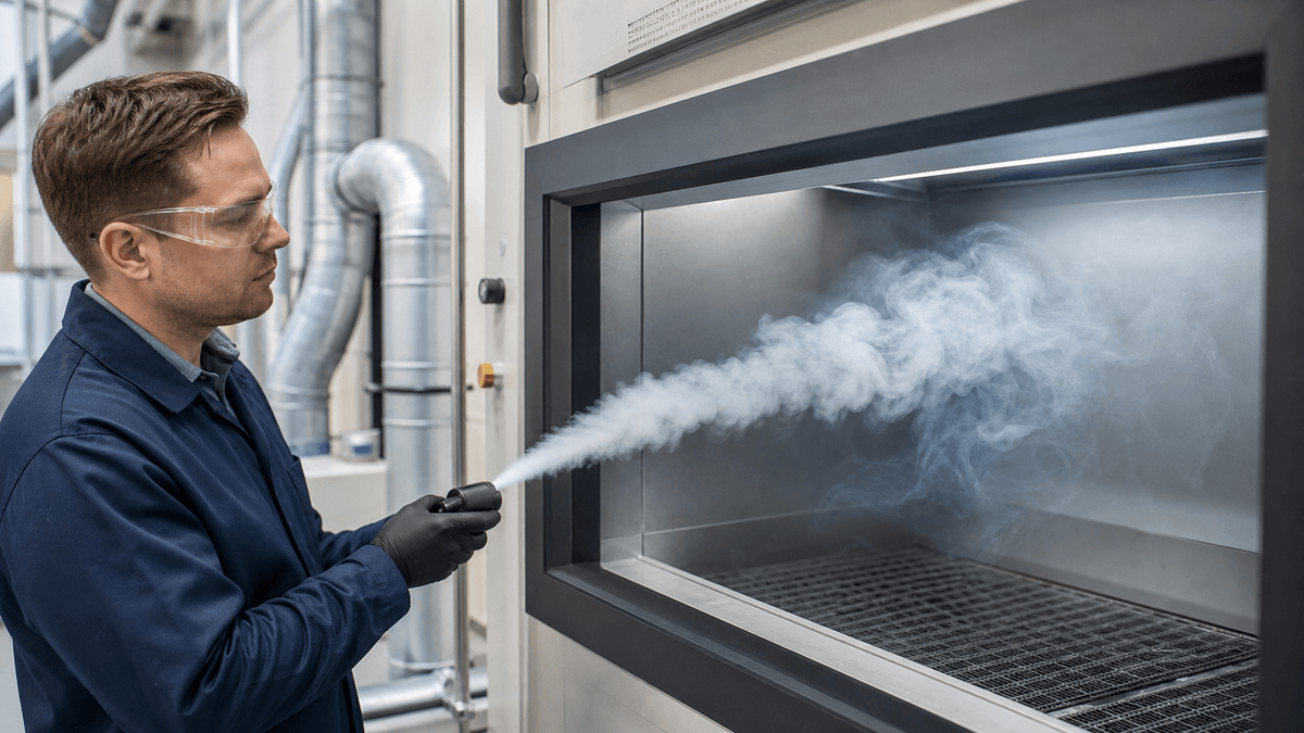engineer testing fume hood airflow with smoke visualization