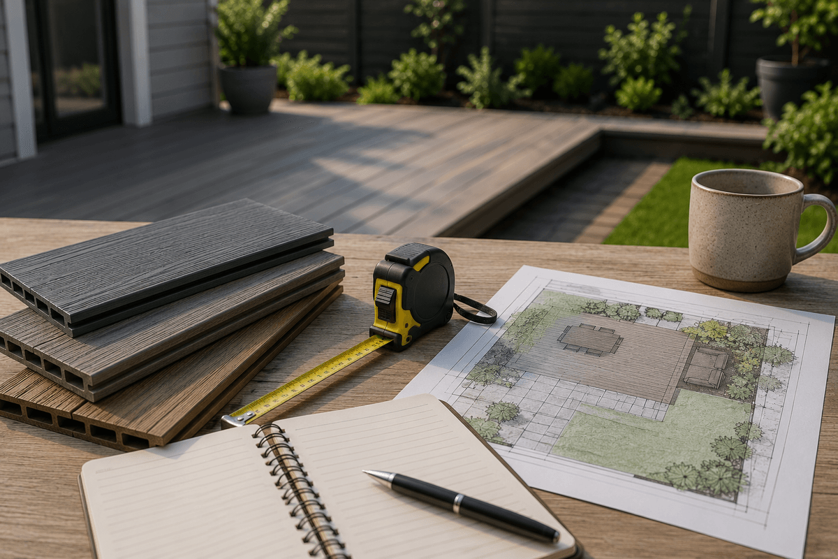 Deck project budget planning with board samples and measurements