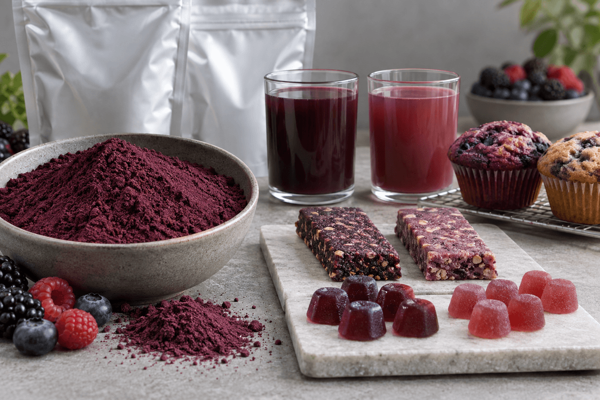 close-up berry powder storage and application stability samples