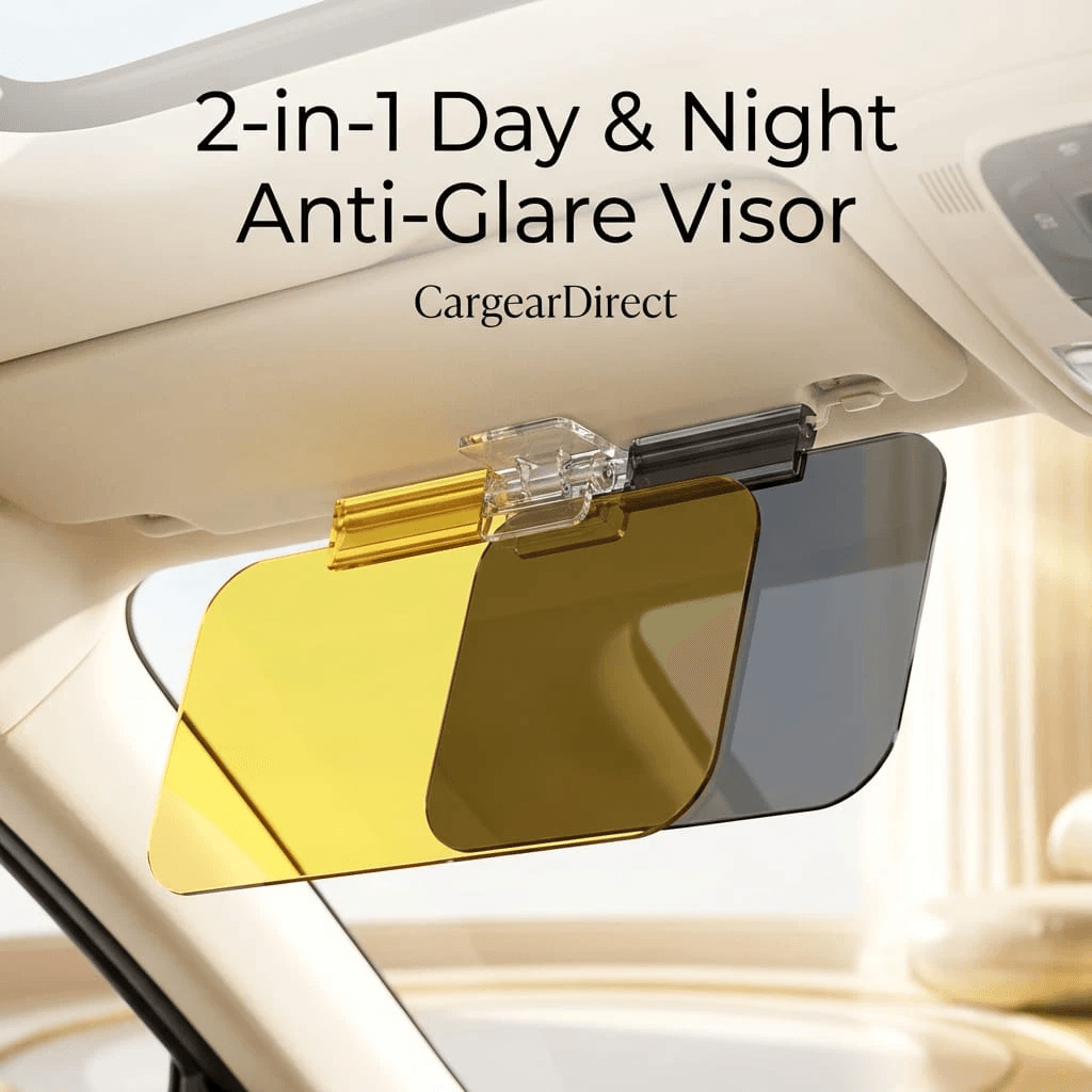 Dark anti glare visor panel lowered for bright sun in a parked car cabin