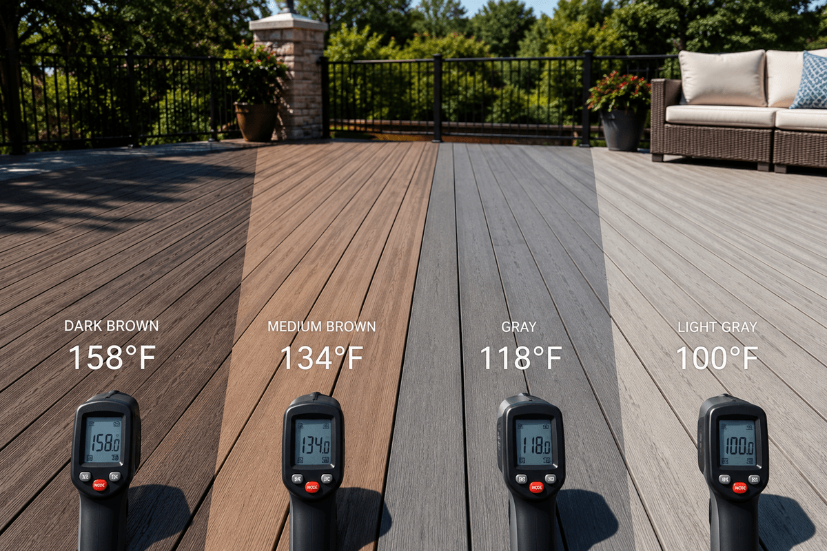 Composite deck boards in different colors compared for full-sun comfort