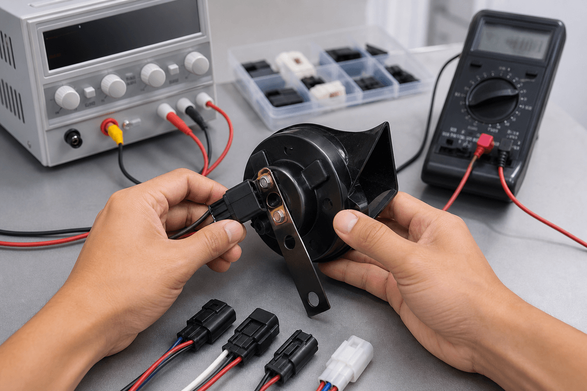 Technician checking car horn adapter terminal fit and current draw