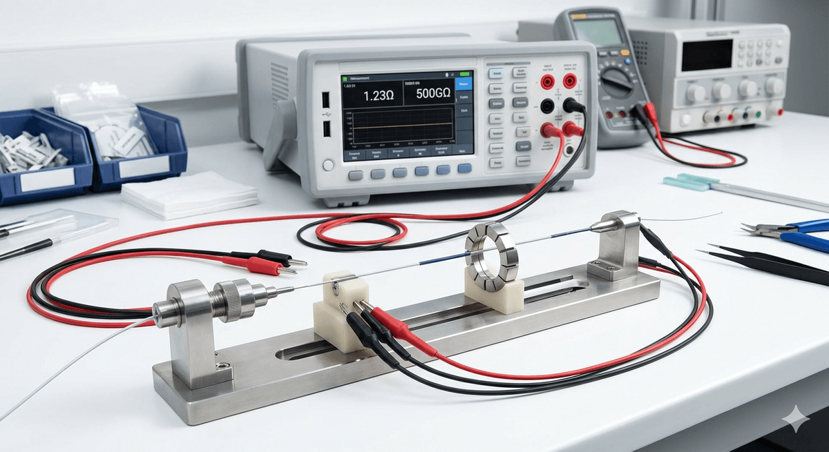 Guide wire electrical testing setup for continuity and insulation resistance
