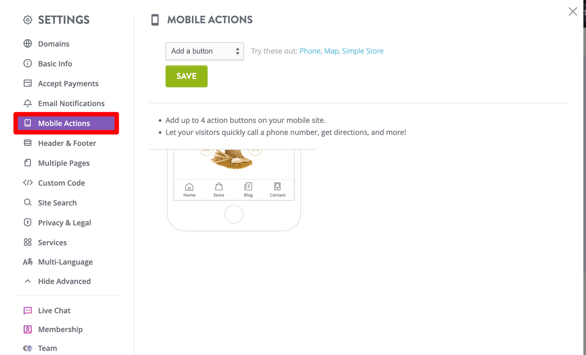 Strikingly Mobile Actions settings for adding phone, map, store, and contact shortcuts