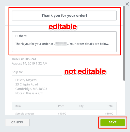 Strikingly editor showing customizable text in an order notification email