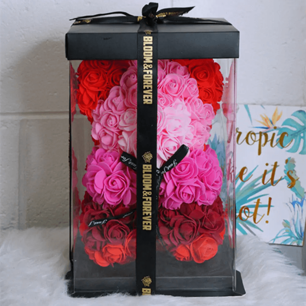teddy flower bouquet featuring vibrant roses and plush toy