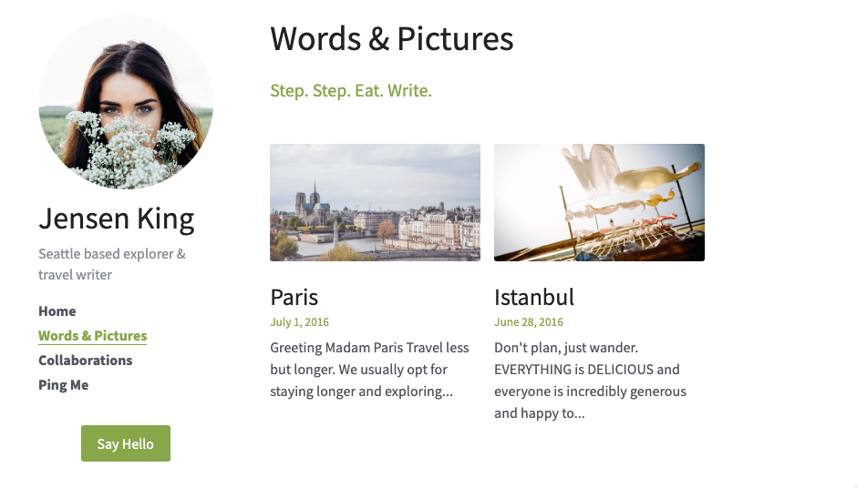 Clean Strikingly content template with articles and clear navigation