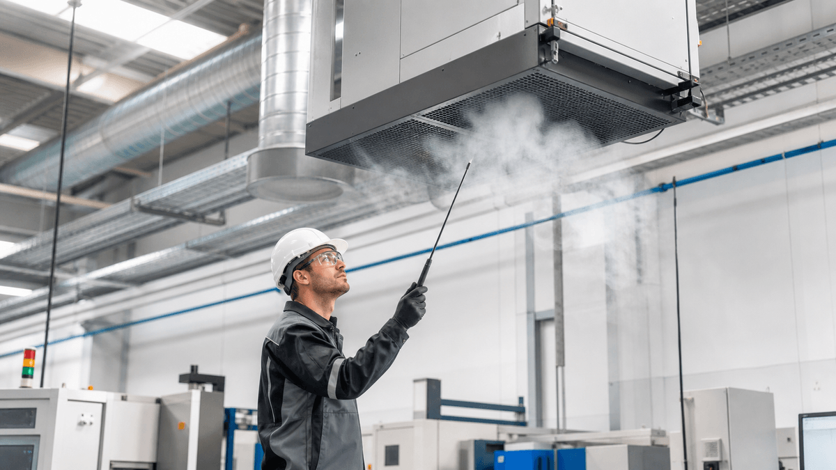 engineer checking airflow pattern below an overhead dust collector