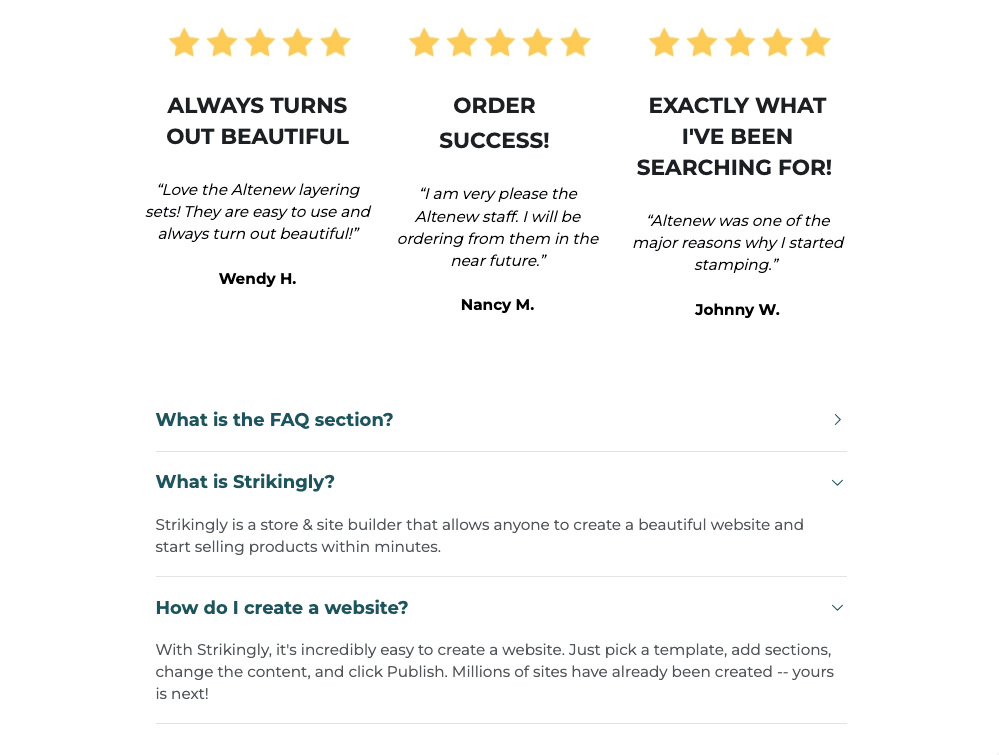 Website layout presenting customer testimonials and an organized FAQ section