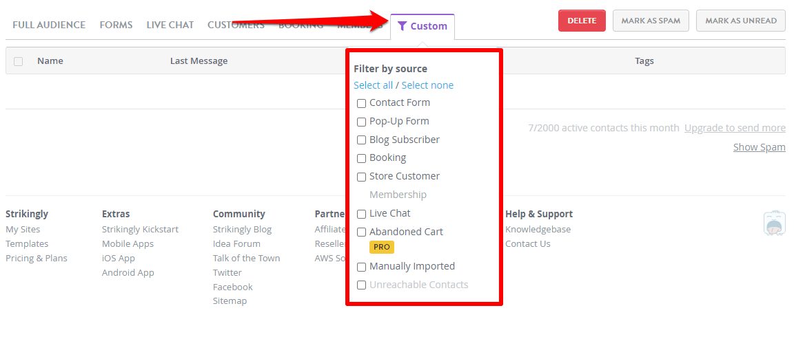 Strikingly audience dashboard filtering users by acquisition source