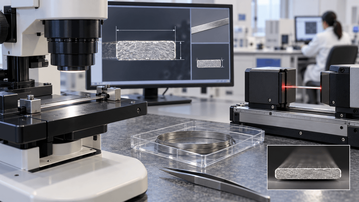 Nitinol flat wire width and thickness inspection under optical metrology