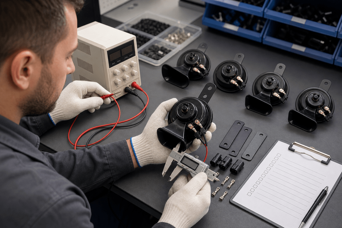 Buyer checking current draw and bracket fit for 12V car horn samples
