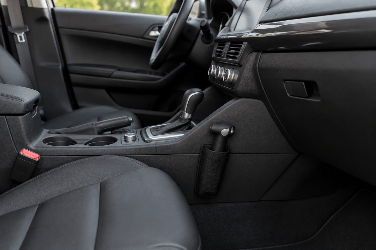 Car escape tool stored securely beside the center console of a parked car
