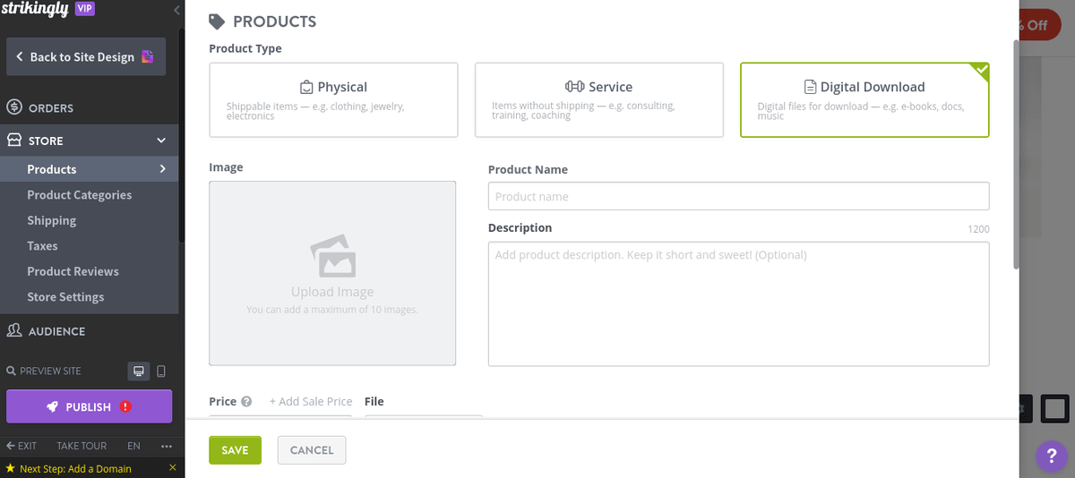 Strikingly product editor with product type, image, name, description, and price fields