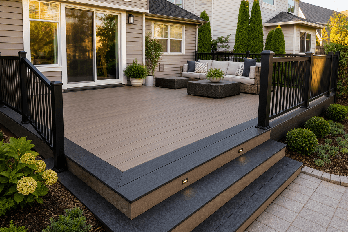 Two-tone composite deck with coordinated border and stairs