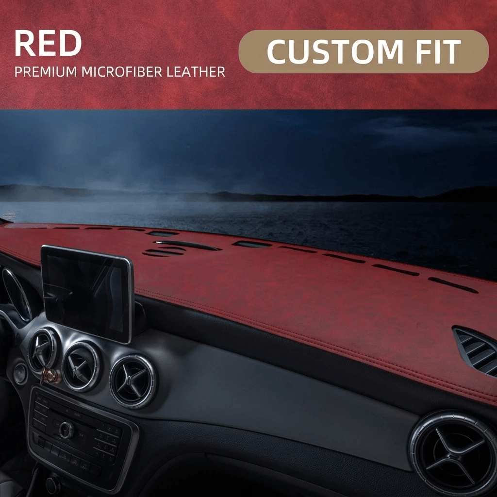 Red custom-fit dashboard mat installed across a vehicle dash
